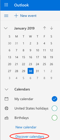 Windows Discover calendars